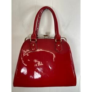 Large Red Patent Leather Satchel Shoulder Bag with Gold Hardware.
